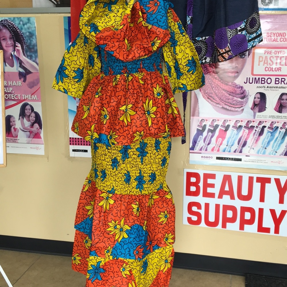 African 3pc.scarf top and skirt.